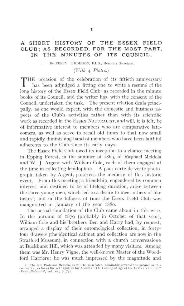 A Short History of the Essex Field Club, 1880-1930. Page 1.