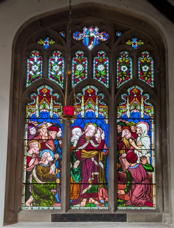 Bocking Church Stained Glass and Red Lamp 7 October 2025 Copyright: William George