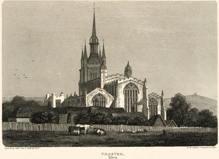 Thaxted Church and steeple 1803 engraving Copyright: Beauties of England and Wales  V 1803