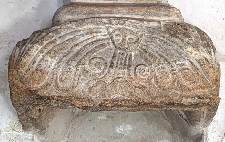 Castle Hedingham Church Recycled Cat Carving on Stoup 2025 Copyright: William George