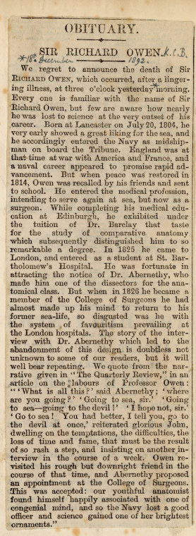 Richard Owen 1804 to 1892 Obituary 18 December 1892 Copyright: Newspaper clipping