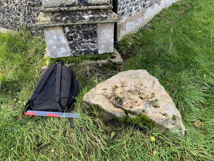 Boulder at north-east corner of church Copyright: D. Potts, Nov 2023