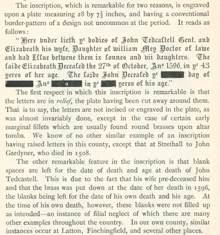 Barking Church Tedcastell Brass Text 1893 Copyright: Essex Review