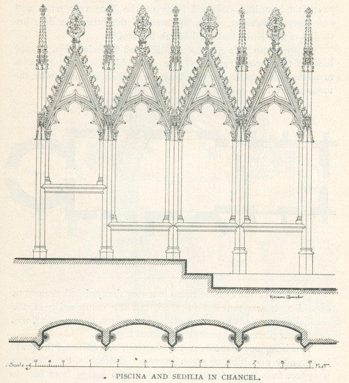 Great Leighs Piscina and Sedilia in Chancel 1893 Copyright: Wykeham Chancellor