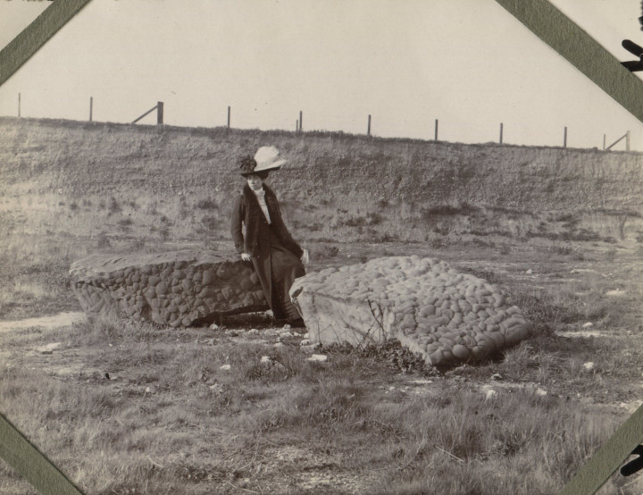 Grays Quarry EFC visit 1910 Lady sitting on a sarsen boulder Copyright: William George