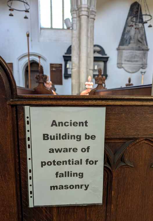 Hatfield Broad Oak Church Falling Masonry Sign 2025 Copyright: William George