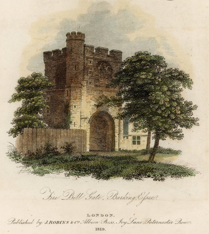 Barking Abbey Gateway coloured copper engraving Copyright: William George