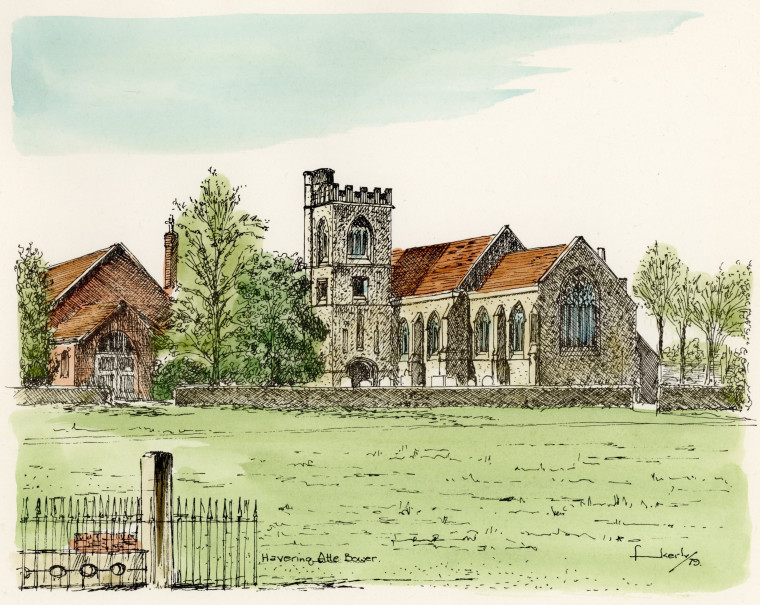 Havering atte Bower Church and Stocks Pen and Ink Sketch Copyright: Essex Field Club