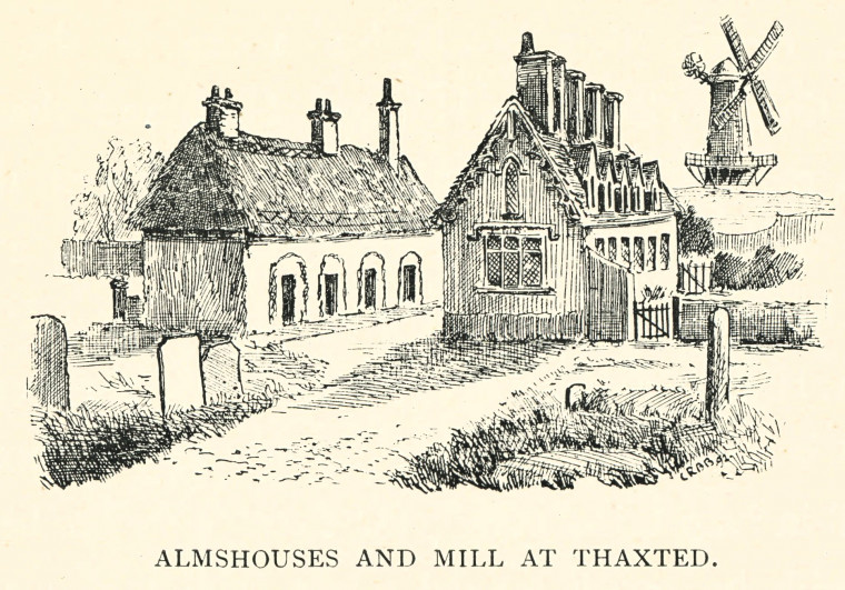 Thaxted Almshouses and Windmill Barrett 1892 Copyright: C R B Barrett Essex Highways 1892