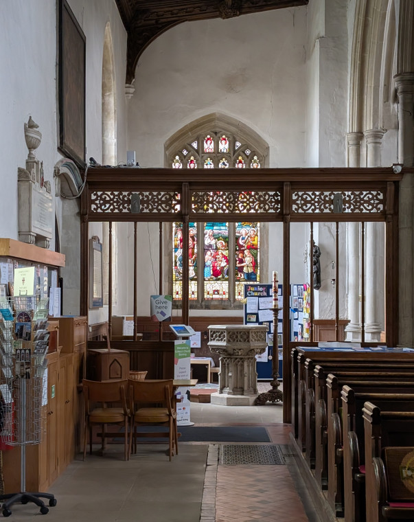 Bocking Church Interior distant view of font 7 October 2025 Copyright: William George