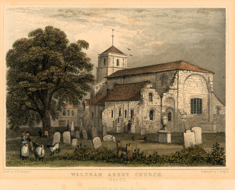 Waltham Abbey Church Hand Coloured Steel Engraving 1831 Copyright: G B Campion