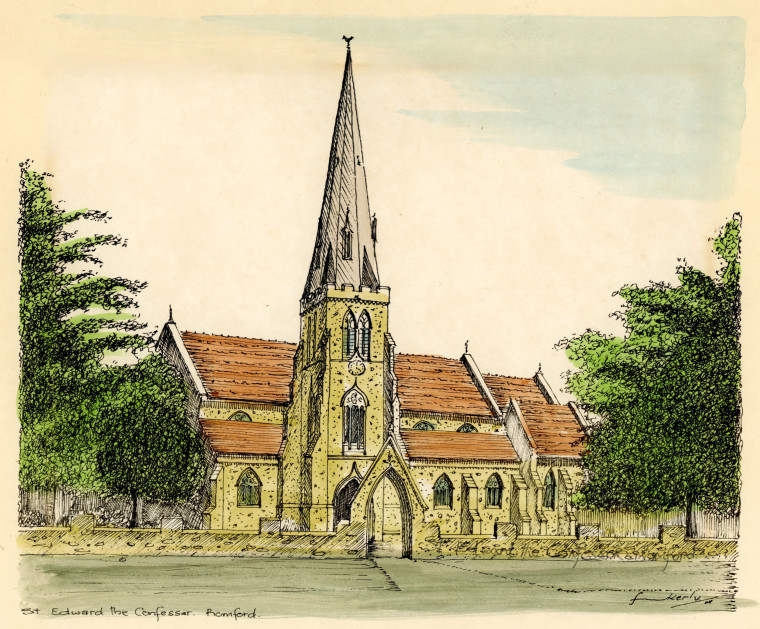 Romford Edward the Confessor Church Pen and Ink Sketch Copyright: Essex Field Club