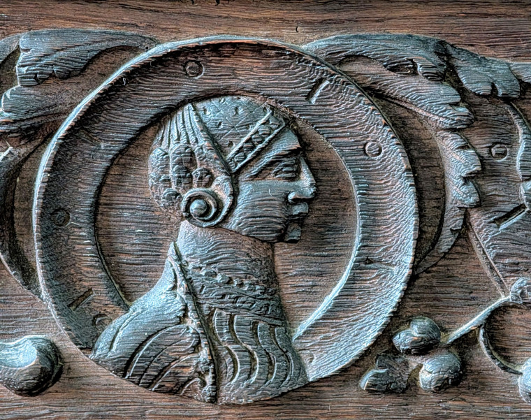 Gosfield Church Wooden Paneling with female face 21 March 2025 Copyright: William George