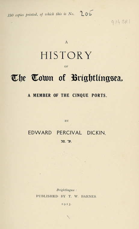 Brightlingsea Dickin 1913 Title Page Copyright: E P Dickin Brightlingsea 1913