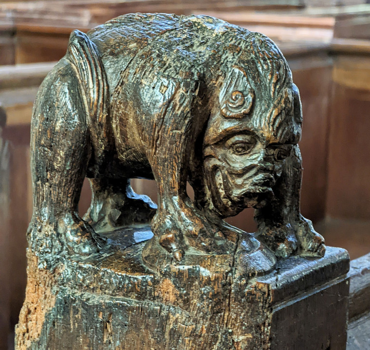 Wendens Ambo Church Grotesque Wooden Beast 7 August 2022 Copyright: William George