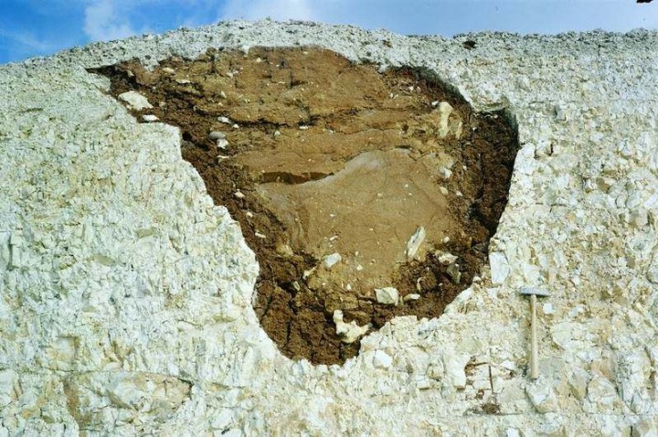 Solution pipes in chalk at Newport Chalk Quarry in 1980 - 3 Copyright: Photo Â© British Geological Survey (P212618).