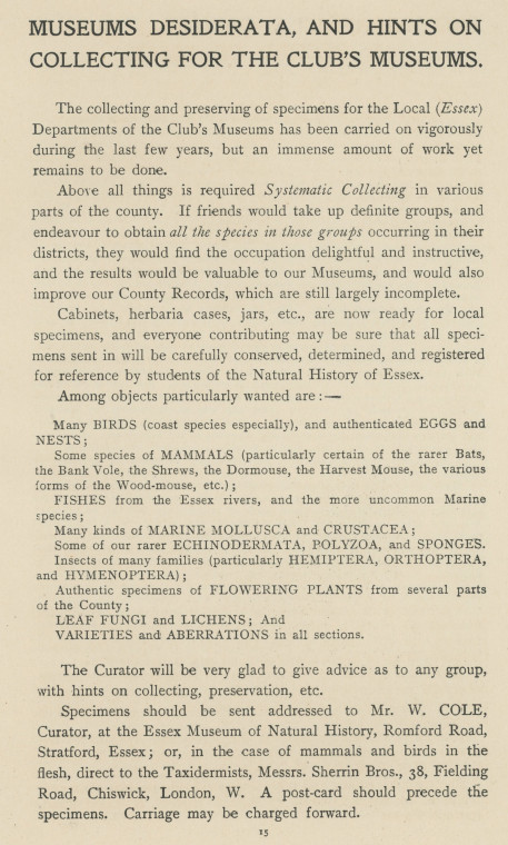 Essex Field Club Museum Desiderata 1905 Copyright: Essex Field Club Year Book 1905 to 1906