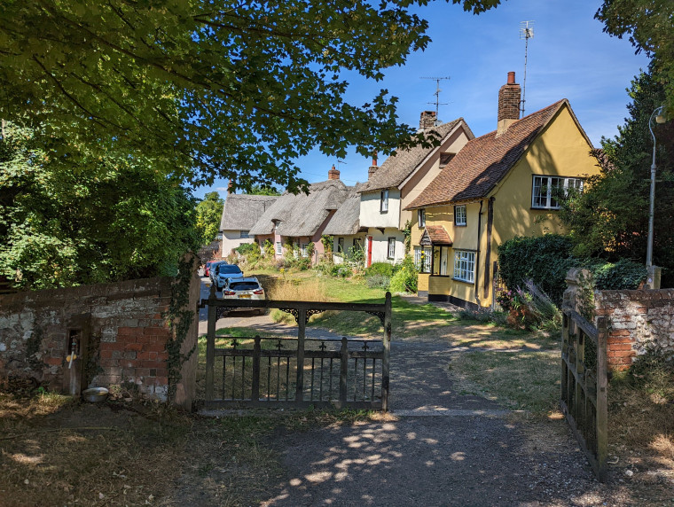 Wendens Ambo Cottages and Lamp Post from Church 2022 Copyright: William George 7 August 2022