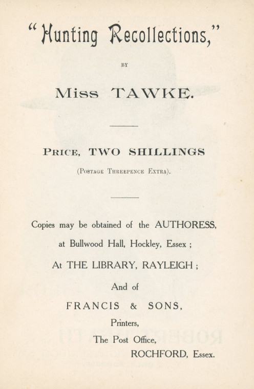 Hunting Recollections Miss Augusta Tawke 1911 Advert Copyright: Bob Drake