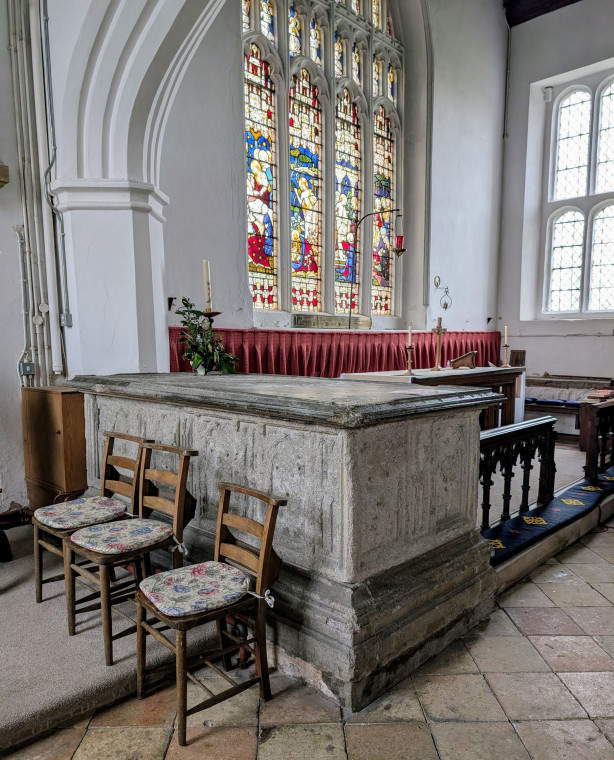 Gosfield Church Interior with chest tomb 21 March 2025 Copyright: William George