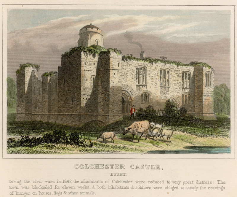 Colchester Castle hand coloured engraving Copyright: William George