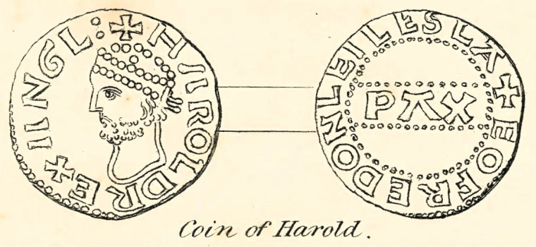 King Harold died 1066 Coin Ogborne 1817 Copyright: Elizabeth Ogborne History of Essex 1817