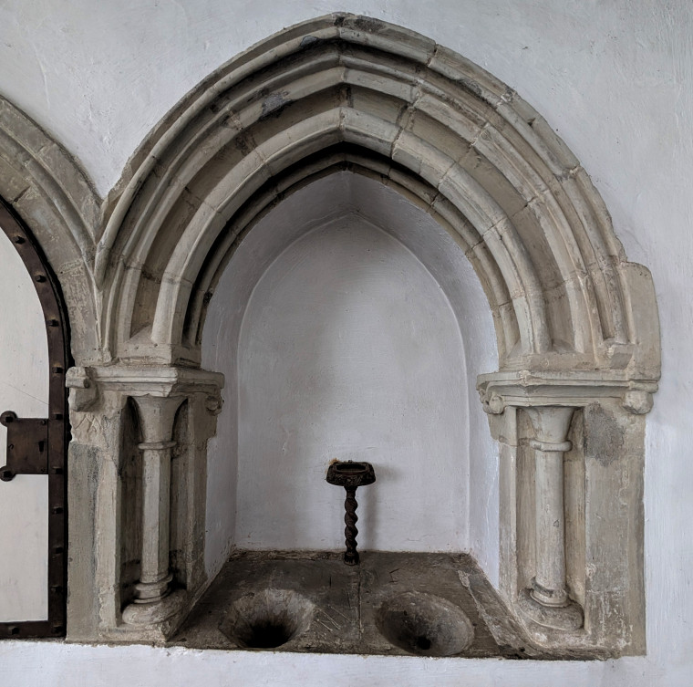 Tilty Church Wall Piscina two drains 17 June 2025 Copyright: William George