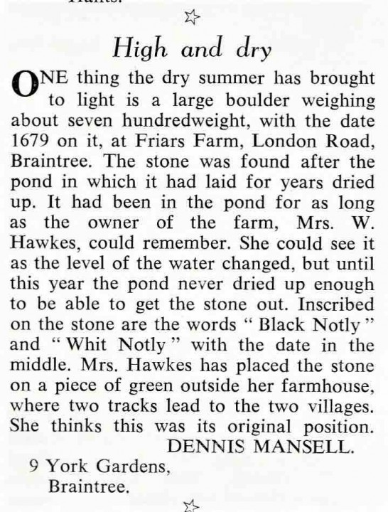 Essex Countryside Magazine - 1959 letter re Friars Farm stone Copyright: Gerald Lucy