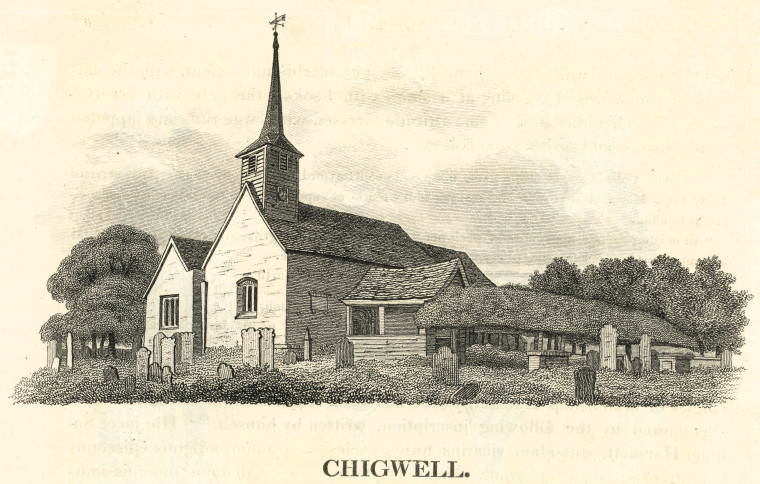 Chigwell Church Ogborne 1817 Copyright: Elizabeth Ogborne History of Essex 1817