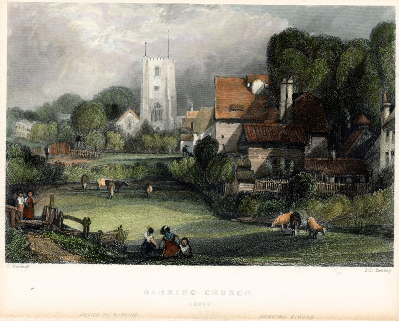 Barking Church Essex coloured print about 1850 Copyright: William George