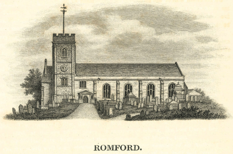 Romford Church Ogborne 1817 Copyright: Elizabeth Ogborne History of Essex 1817