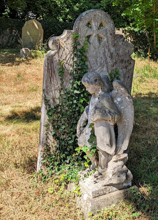 Wendens Ambo Churchyard Angel and Gravestone 7 August 2022 Copyright: William George