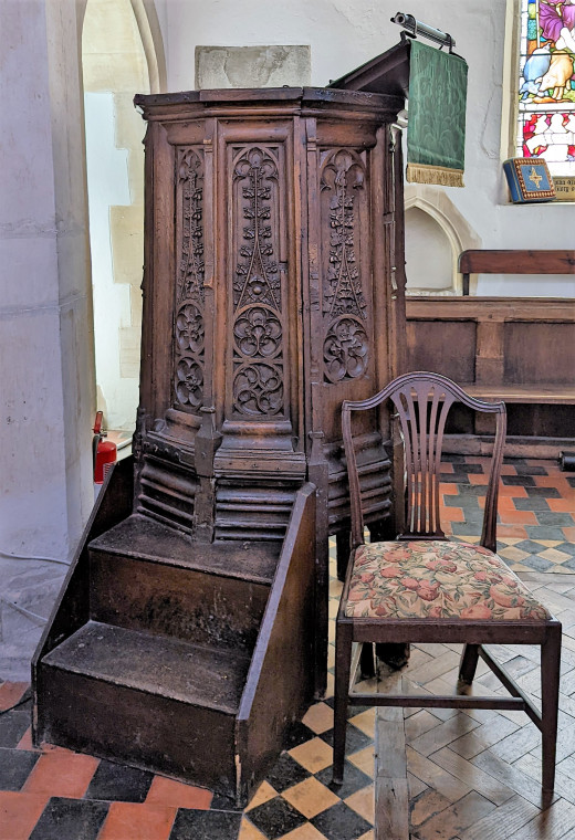 Wendens Ambo Church Pulpit Stairs and Chair  7 August 2022 Copyright: William George