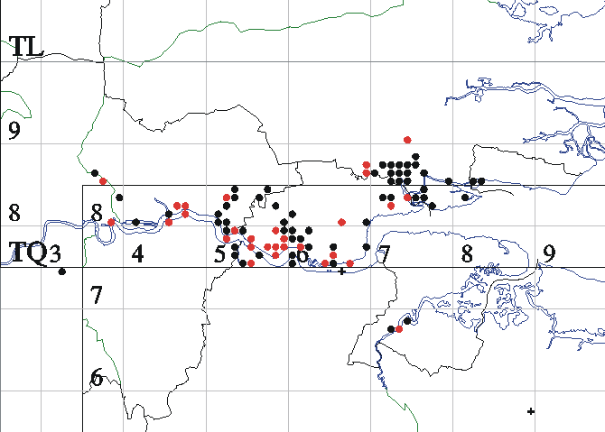 Bombus humilis sites destroyed in red